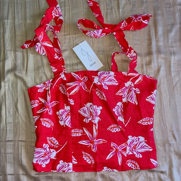 Joie Tops - NWT Joie Red White Flower Linen Ruched Back Tye Straps Size 4
